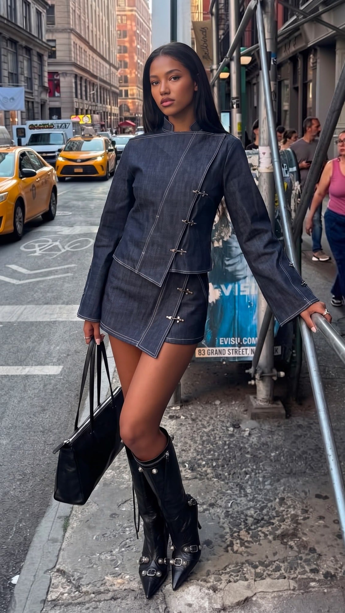 Ensemble RONIN, veste et jupe short en denim, portés à New York